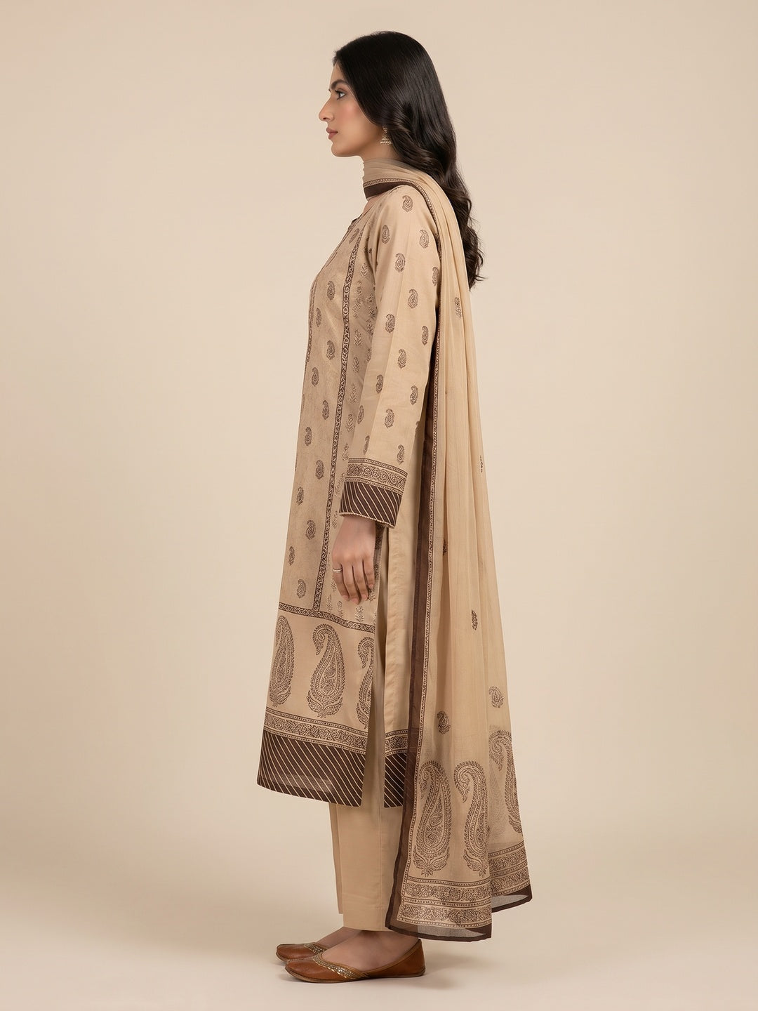 Beige Embroidered Fancy Fabric Dress Material - Image 3