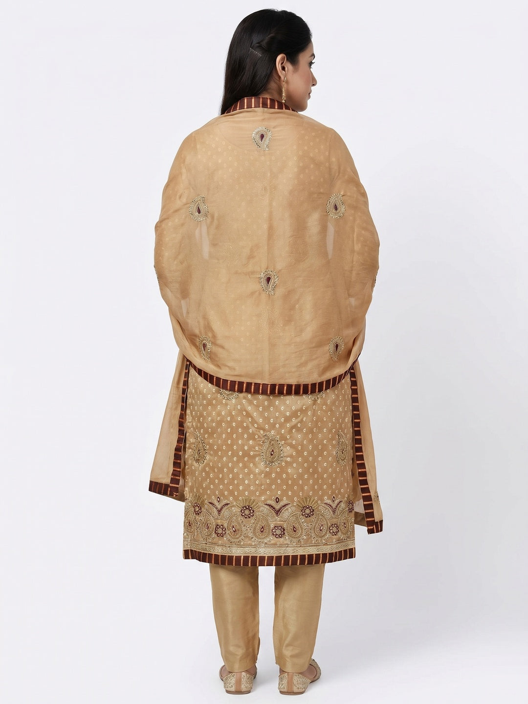 Beige Embroidered Fancy Fabric Dress Material - Image 2