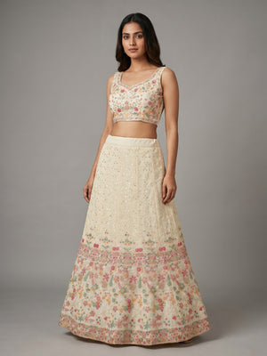 Cream Floral Embroidered Georgette Lehenga - Image 1