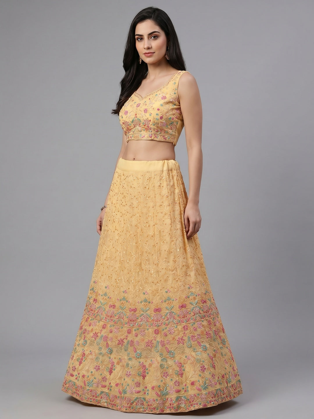Peach Floral Embroidered Georgette Lehenga - Image 1