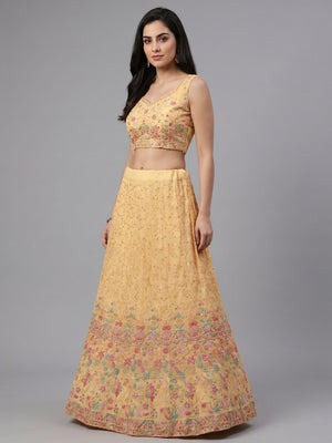 Peach Floral Embroidered Georgette Lehenga - Image 1