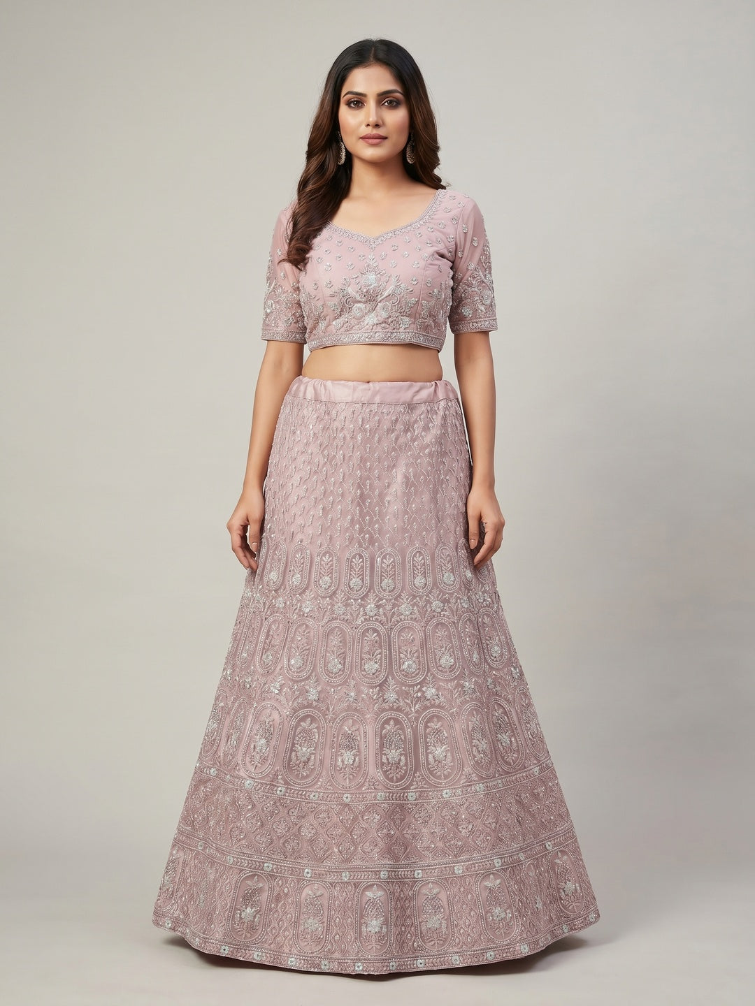Pink Floral Embroidered Net Lehenga - Image 1