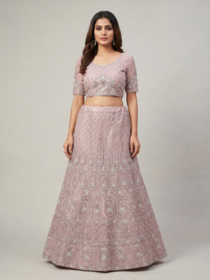 Pink Floral Embroidered Net Lehenga - Image 1