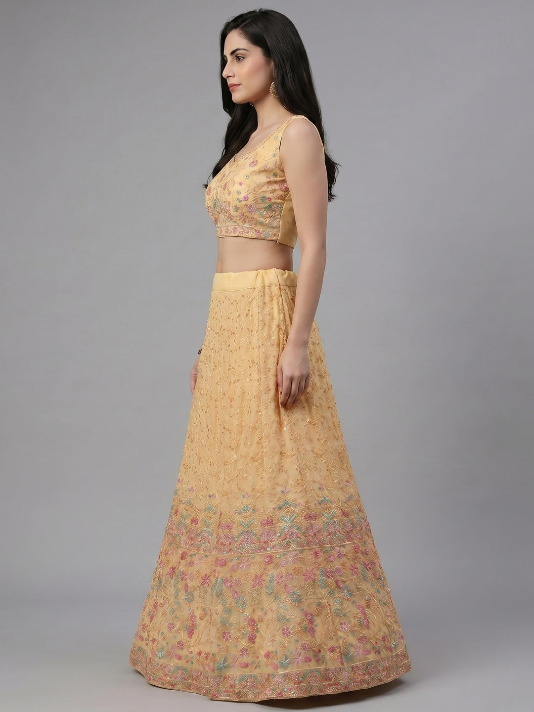 Peach Floral Embroidered Georgette Lehenga - Image 2