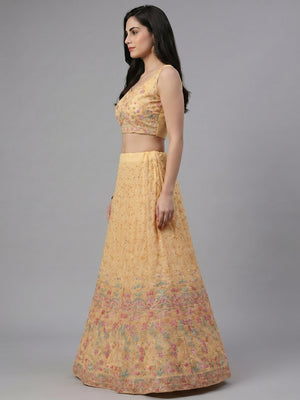 Peach Floral Embroidered Georgette Lehenga - Image 2