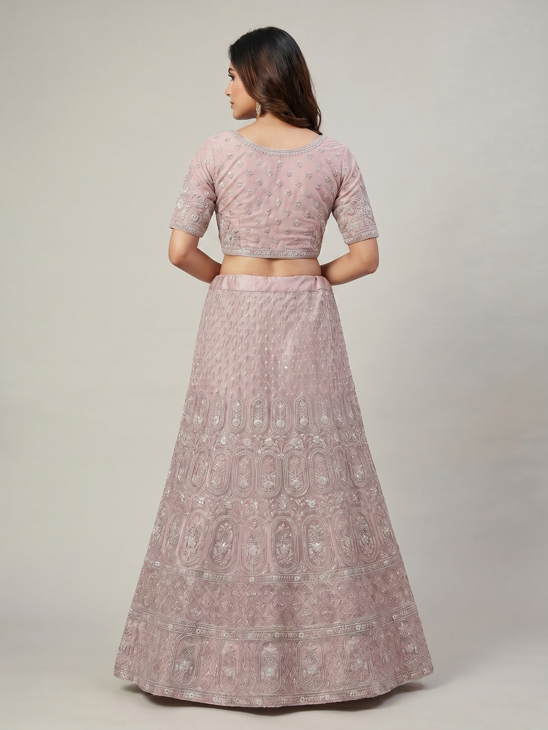 Pink Floral Embroidered Net Lehenga - Image 2