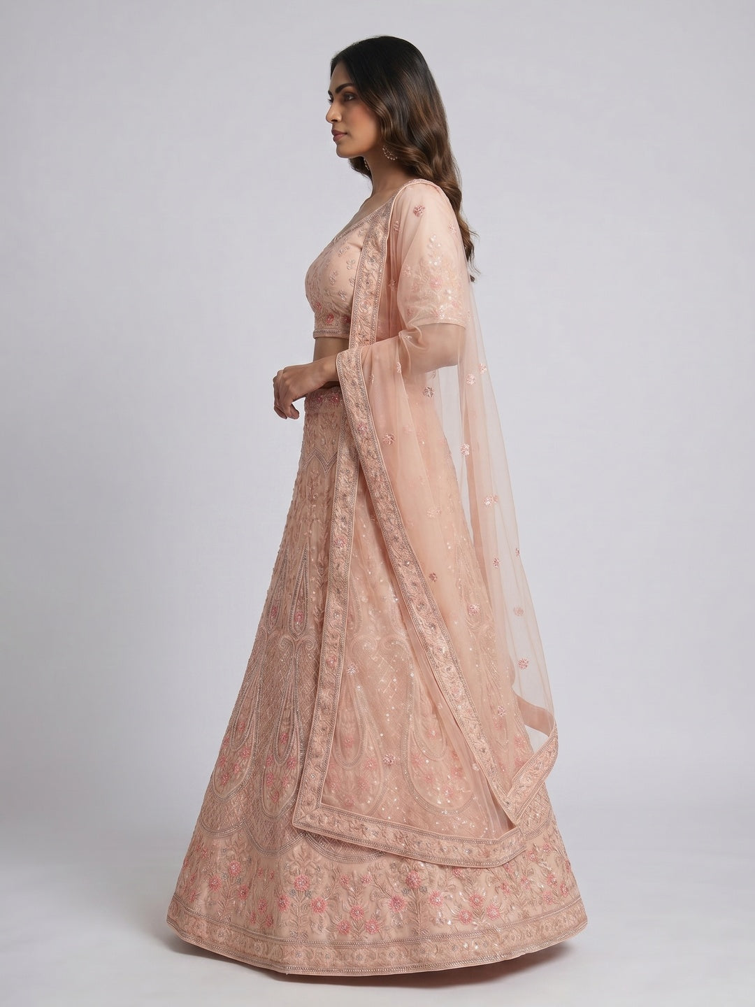 Peach Sequins With Floral Embroidered Net Lehenga - Image 3