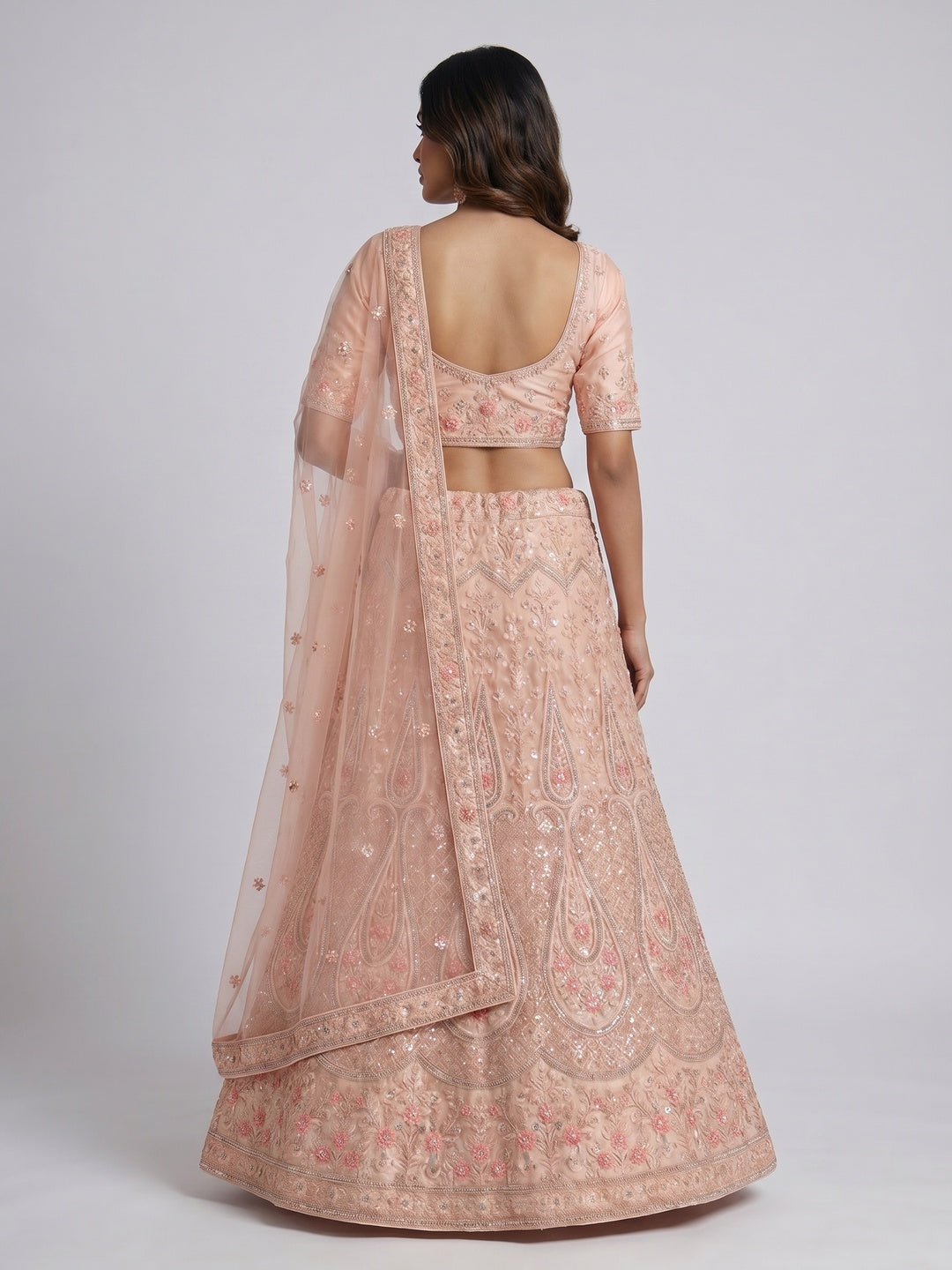 Peach Sequins With Floral Embroidered Net Lehenga - Image 2