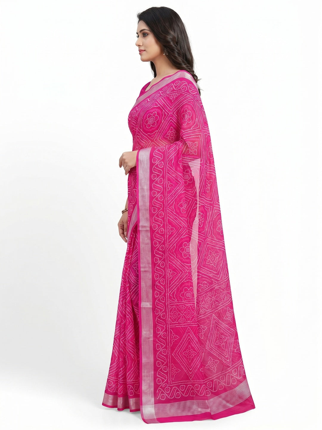 Rani Pink Bandhani Printed Chiffon Saree - Image 2