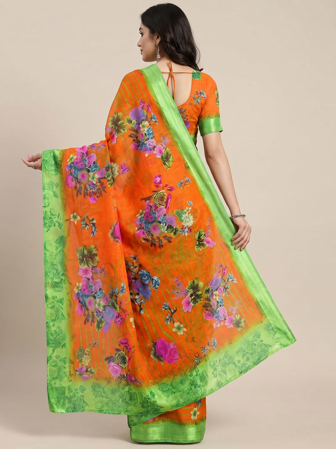 Orange Floral Printed Linen Saree - Image 3