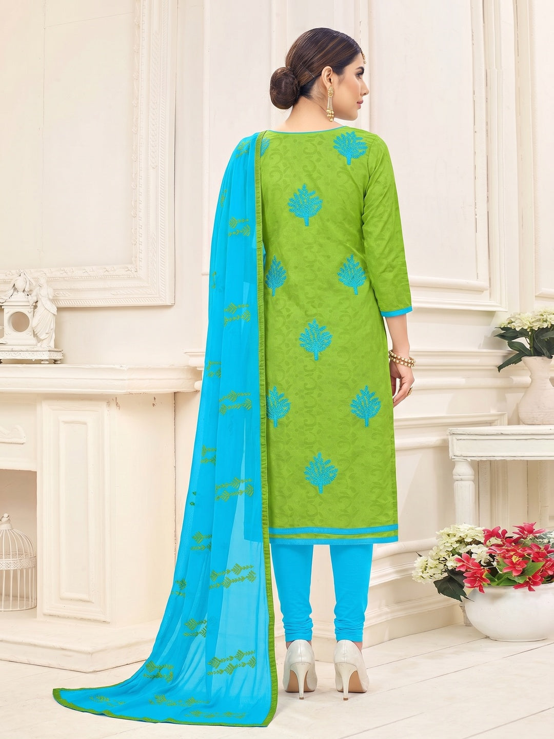 Green Embroidered Jacquard Salwar Suit - Image 1