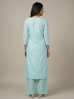 Aqua Blue Floral Printed With Embellished Cotton Silk Kurti Pant Set - Image 2