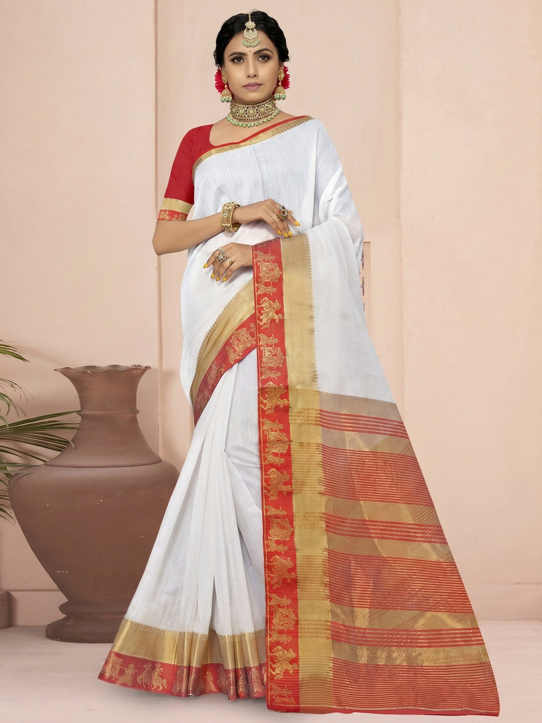 White Solid With Woven Border Cotton Blend Saree - Image 1