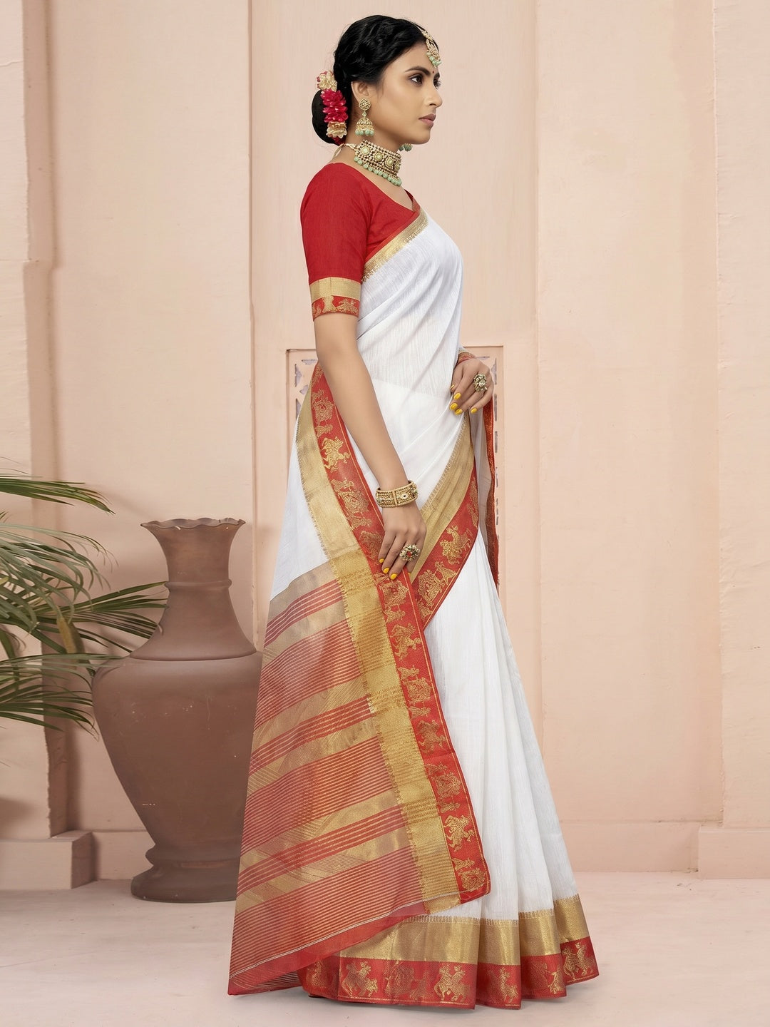 White Solid With Woven Border Cotton Blend Saree - Image 3
