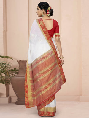 White Solid With Woven Border Cotton Blend Saree - Image 2