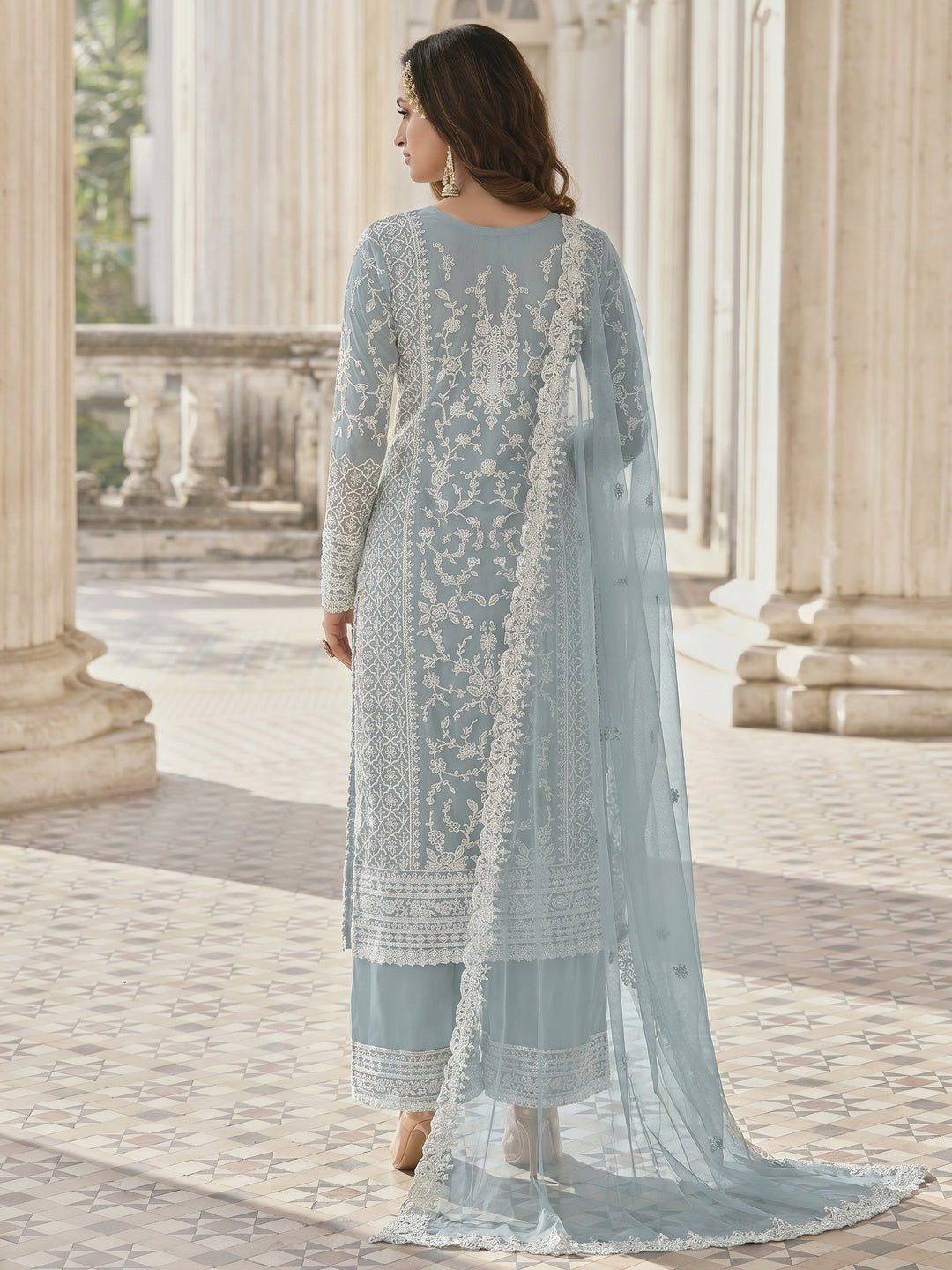 Grey Embroidered Netted Pakistani Suit - Image 1