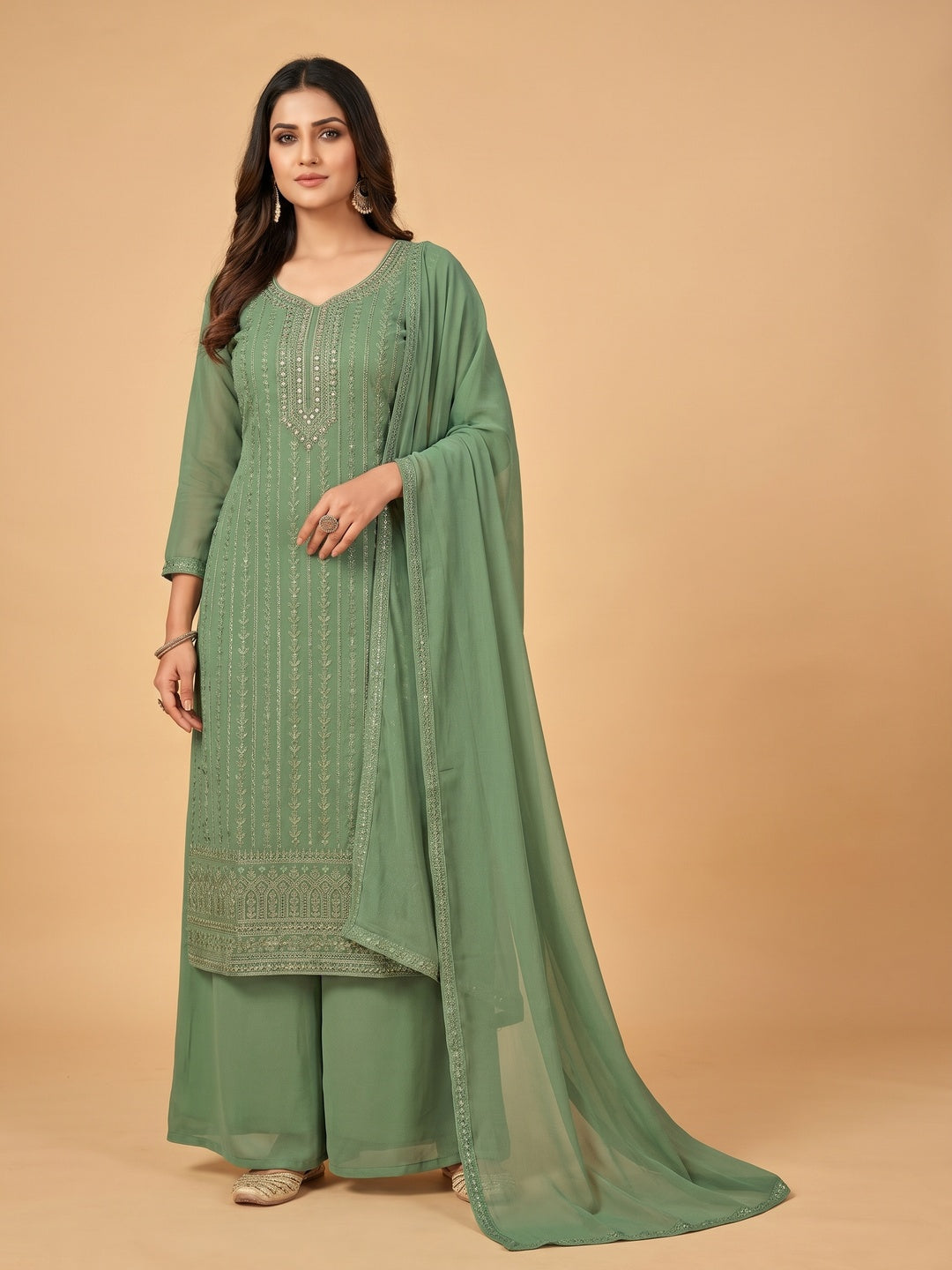 Green Lucknowi Embroidered Georgette Dress Material - Image 1