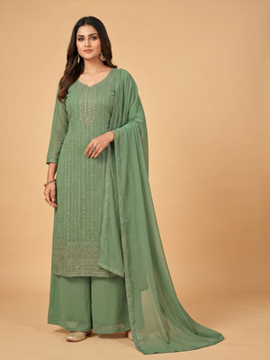 Green Lucknowi Embroidered Georgette Dress Material - Image 1