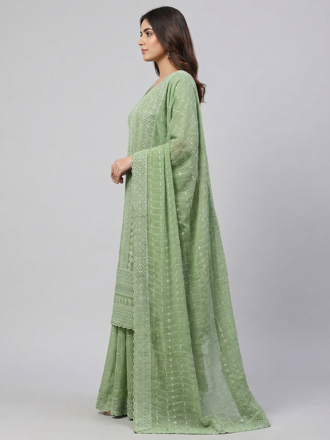 Green Lucknowi Embroidered Georgette Dress Material - Image 3