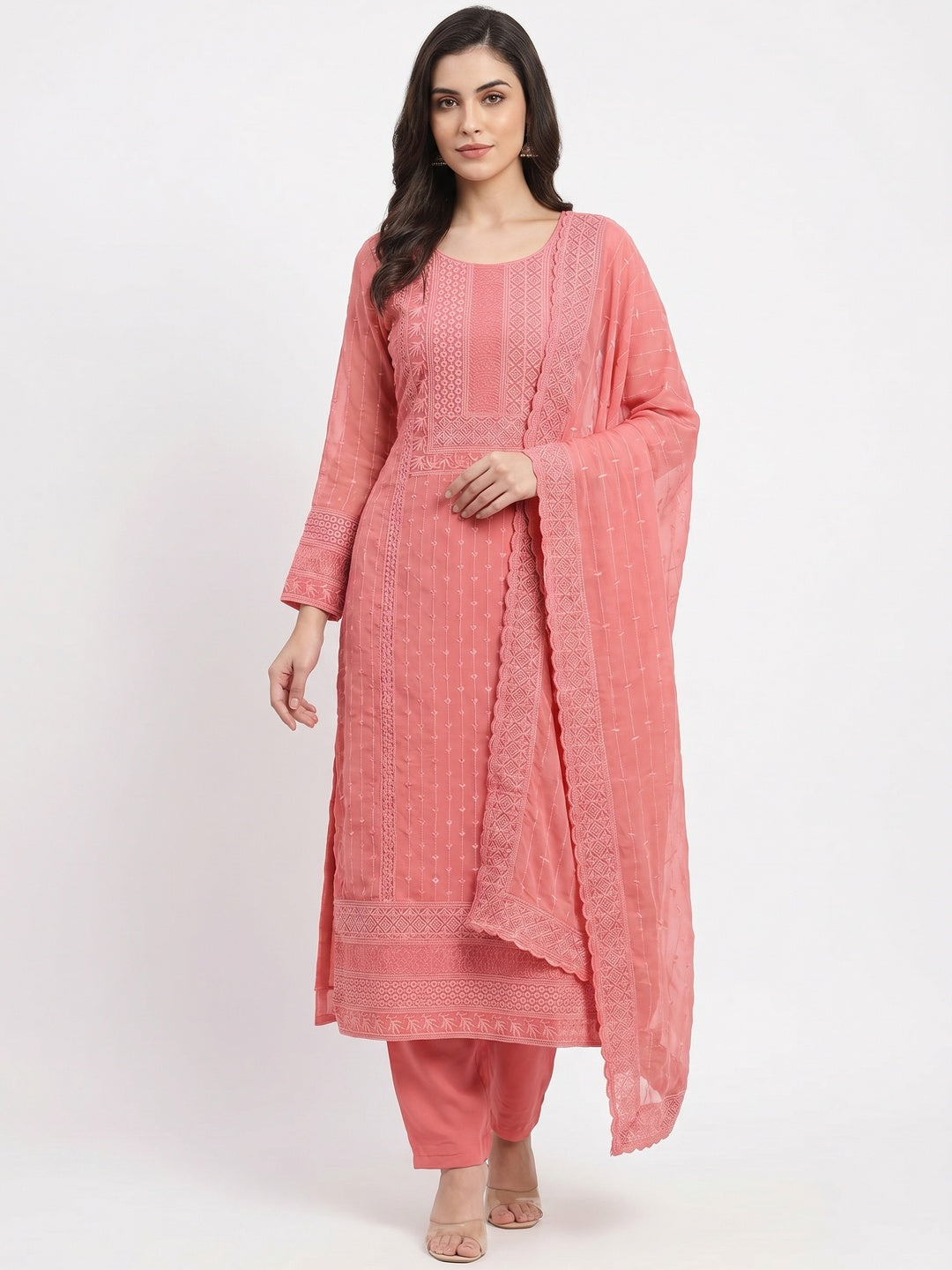 Gajari Lucknowi Embroidered Georgette Dress Material - Image 1