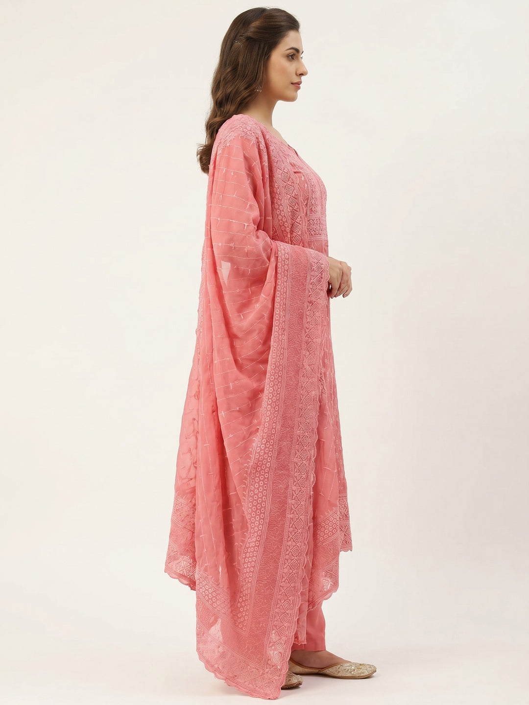 Gajari Lucknowi Embroidered Georgette Dress Material - Image 3