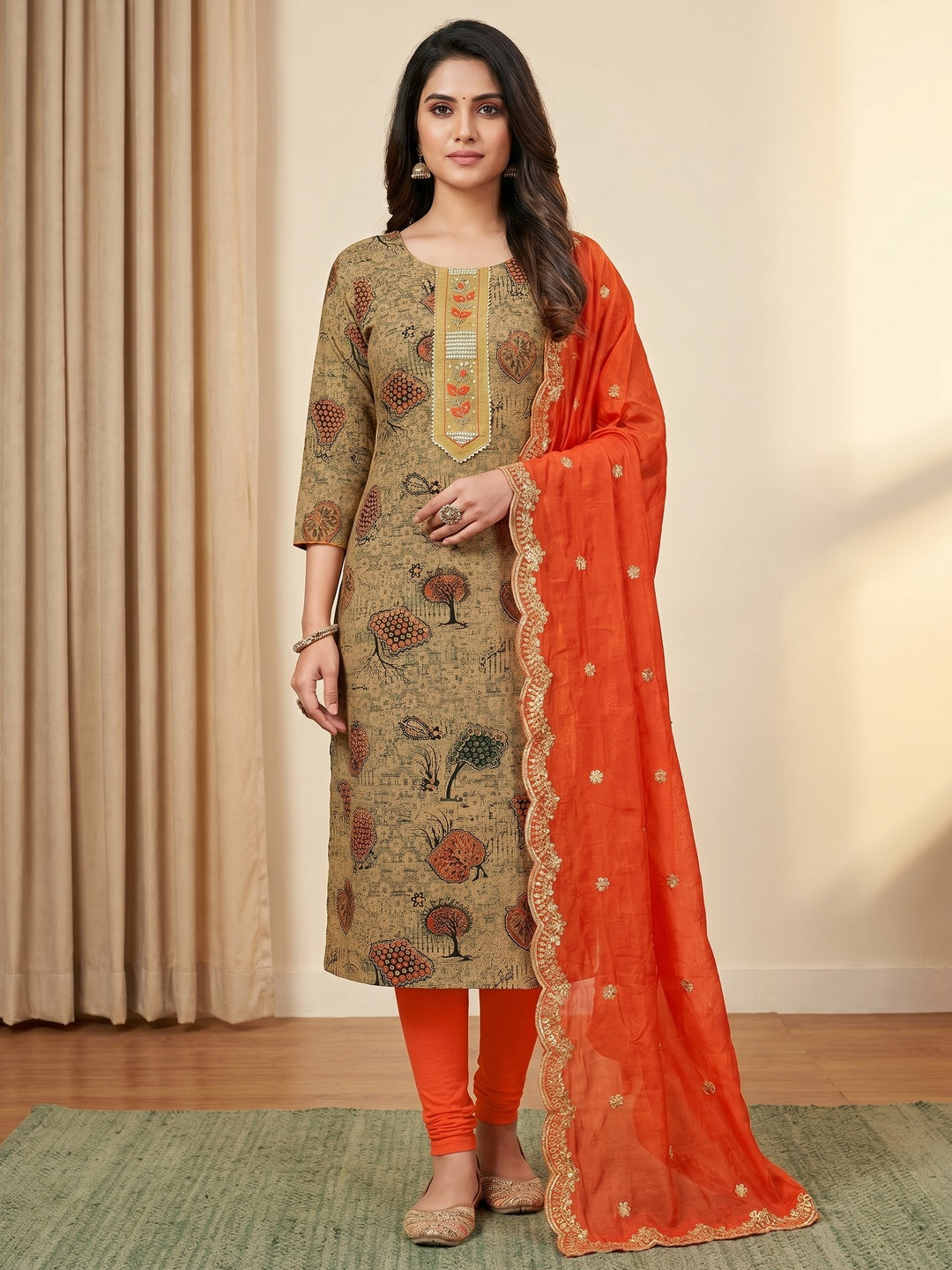 Cream Printed With Embellished Pure Cotton Dress Material - Image 1
