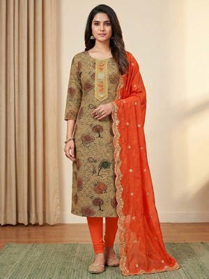 Cream Printed With Embellished Pure Cotton Dress Material - Image 1