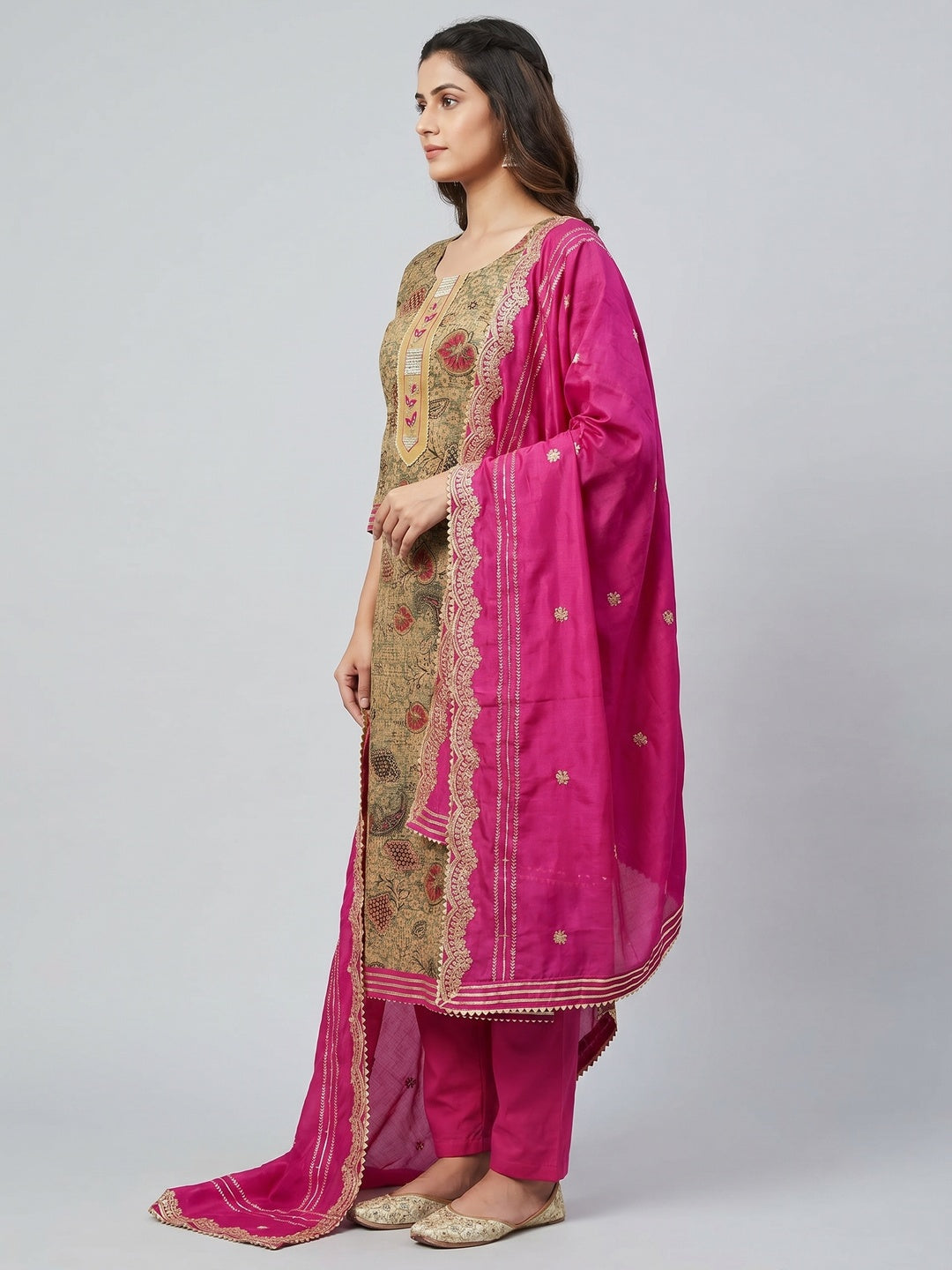 Cream Printed With Embellished Pure Cotton Dress Material - Image 3