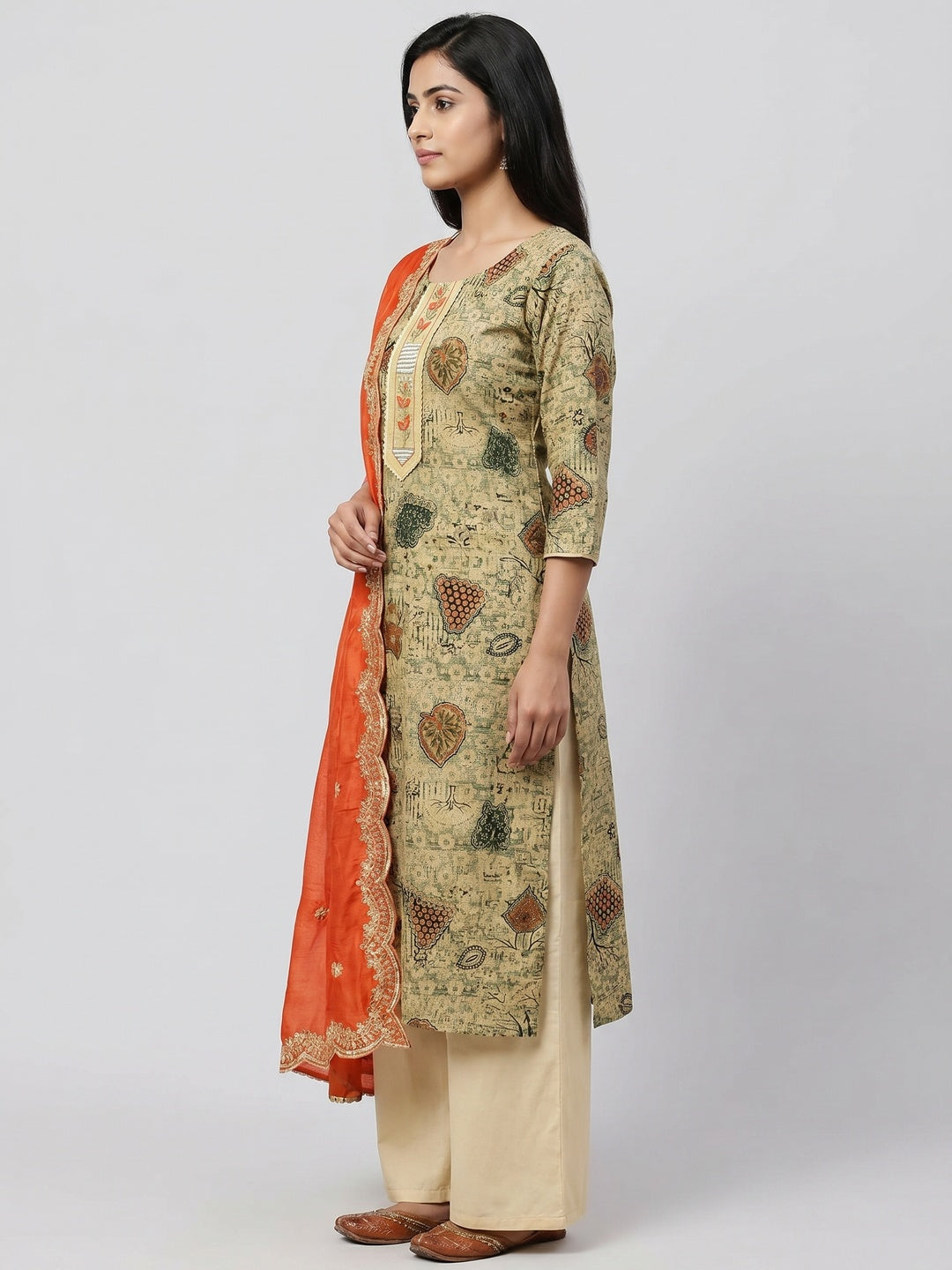 Cream Printed With Embellished Pure Cotton Dress Material - Image 3
