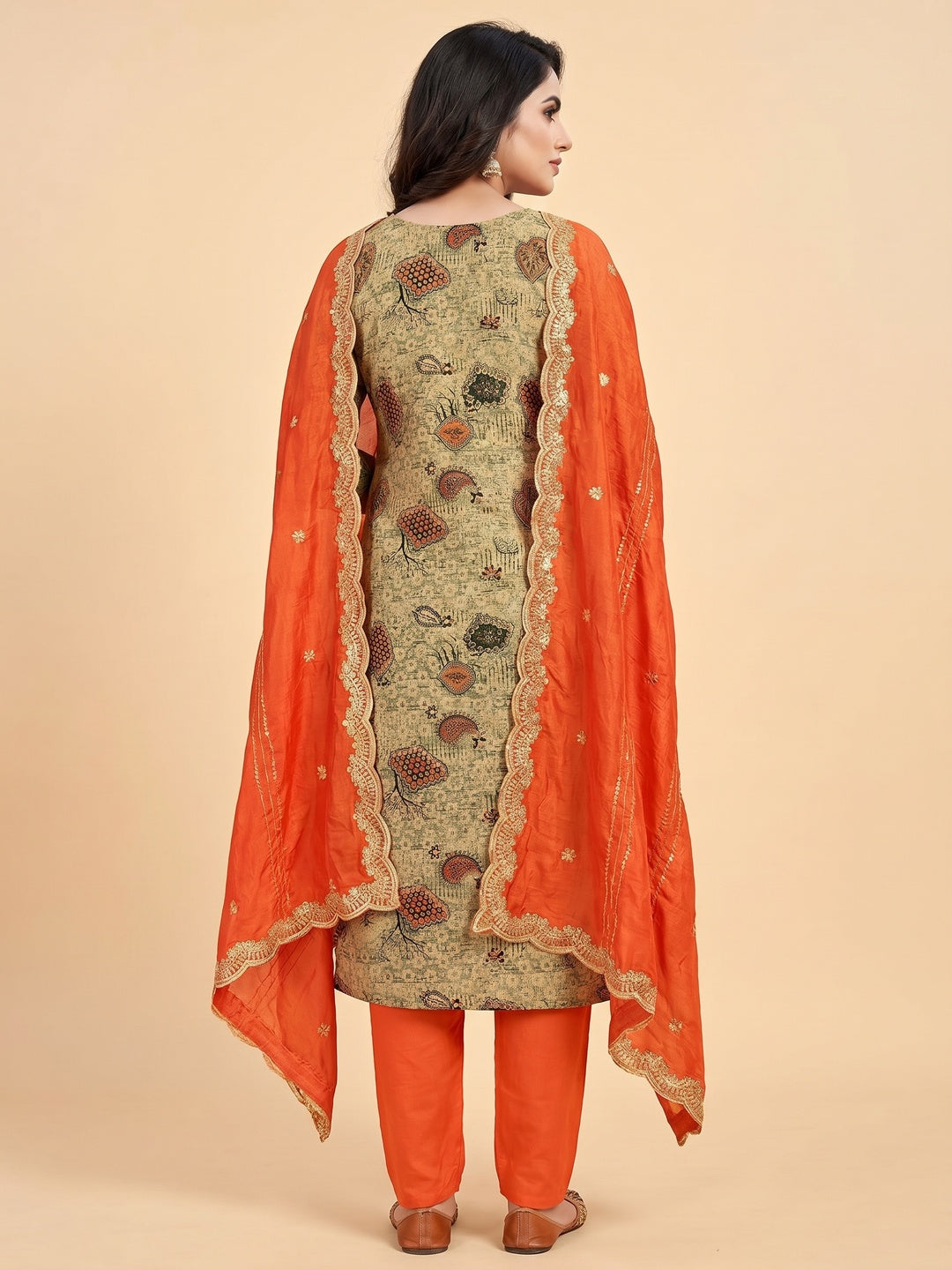 Cream Printed With Embellished Pure Cotton Dress Material - Image 2
