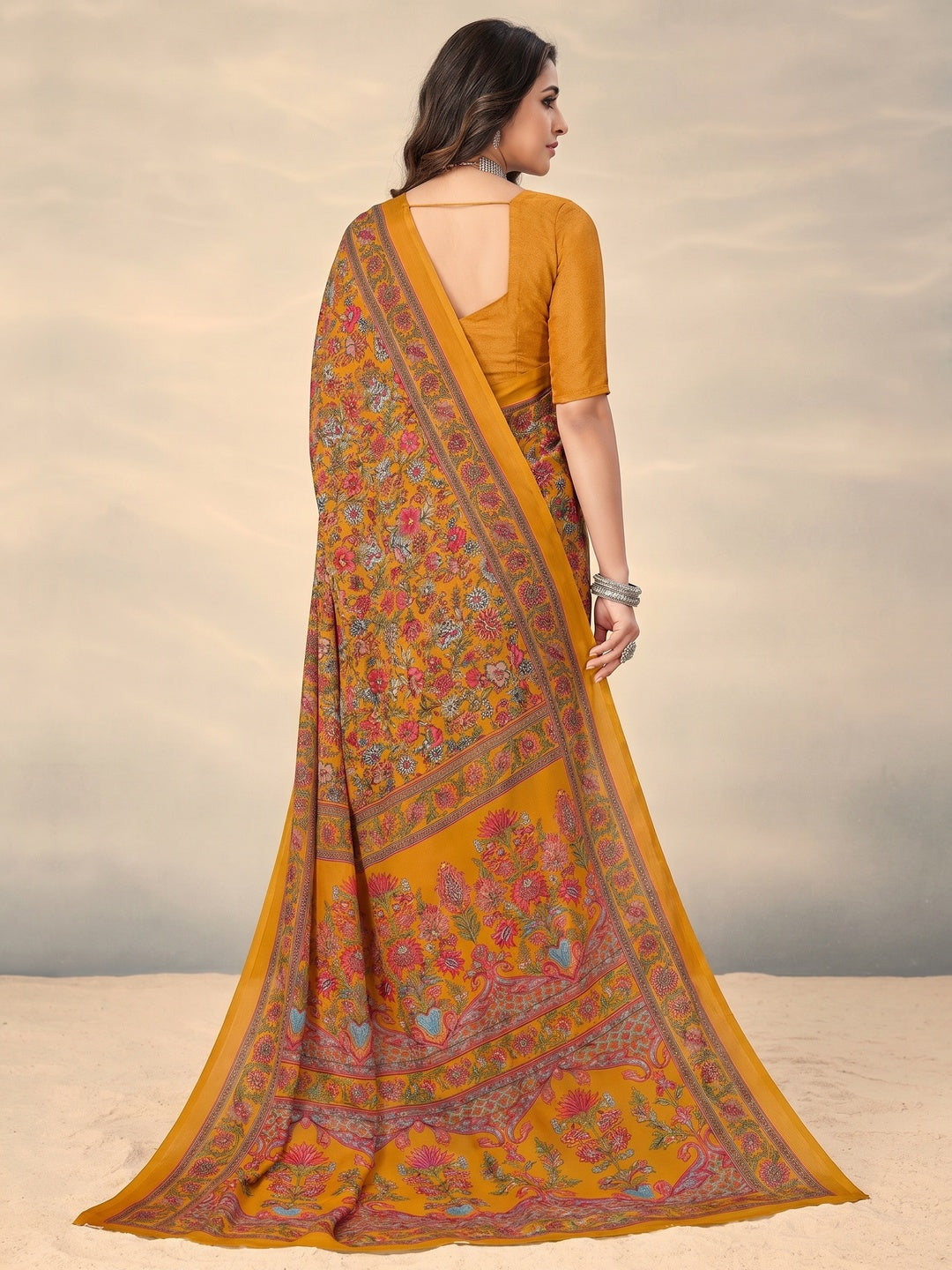 Mustard Printed Crepe Saree - Image 1