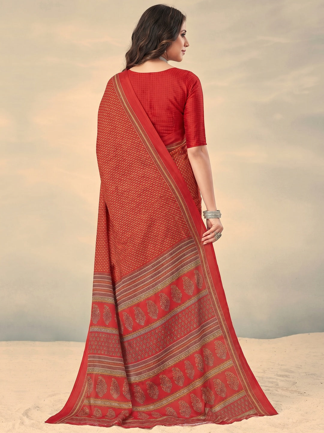 Red Printed Crepe Saree - Image 1