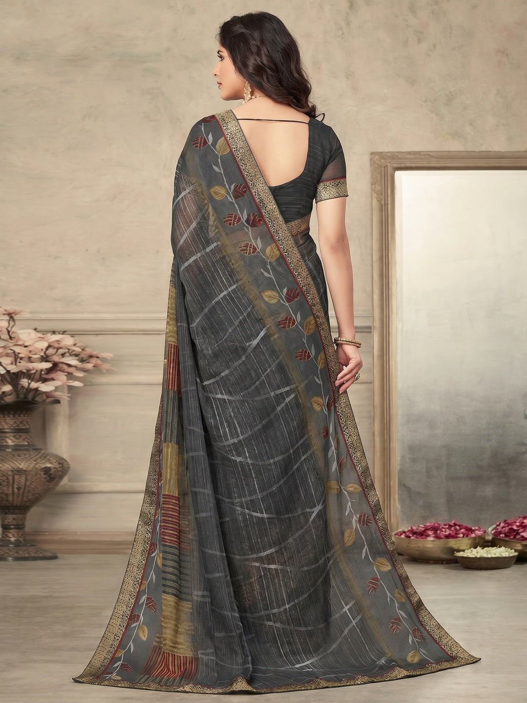 Grey Printed Chiffon Saree - Image 1