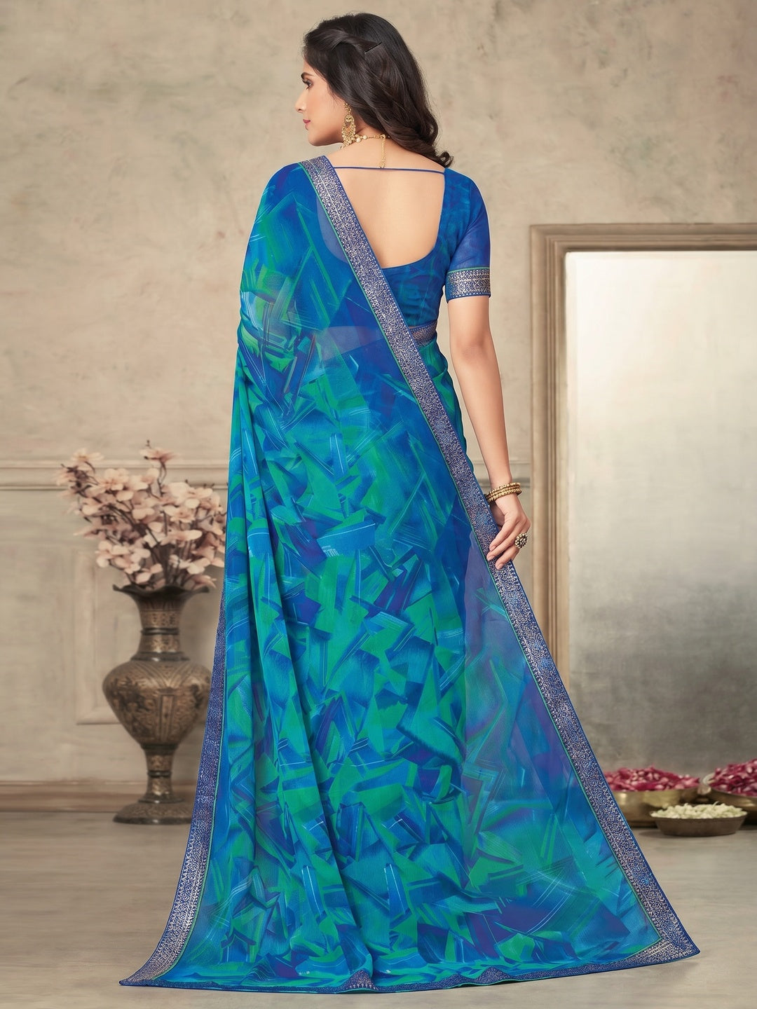 Blue & Turquoise Printed Chiffon Saree - Image 1