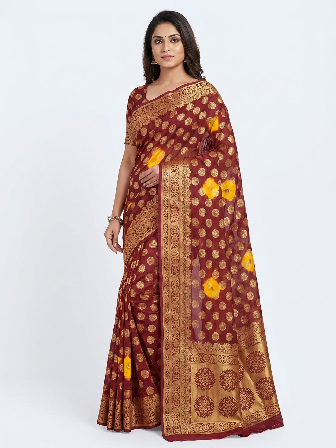 Maroon Woven Jacquard Saree With Tassels - Image 1