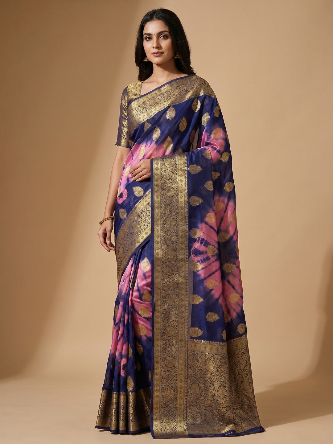 Navy Blue-Pink Woven Jacquard Saree With Tassels - Image 1