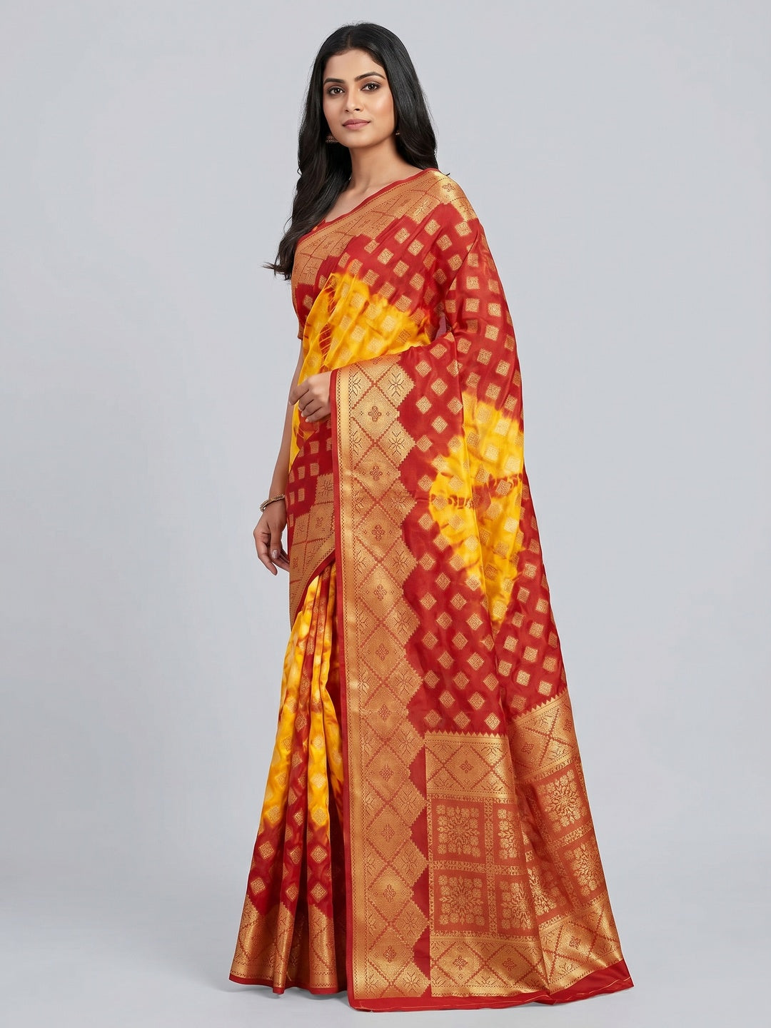 Red-Yellow Woven Jacquard Saree With Tassels - Image 1