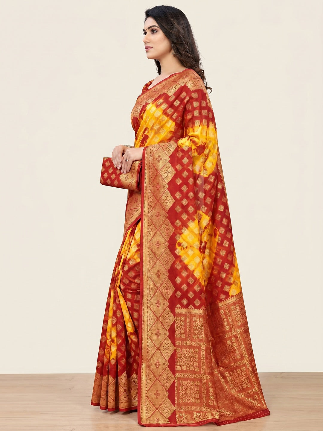 Red-Yellow Woven Jacquard Saree With Tassels - Image 3