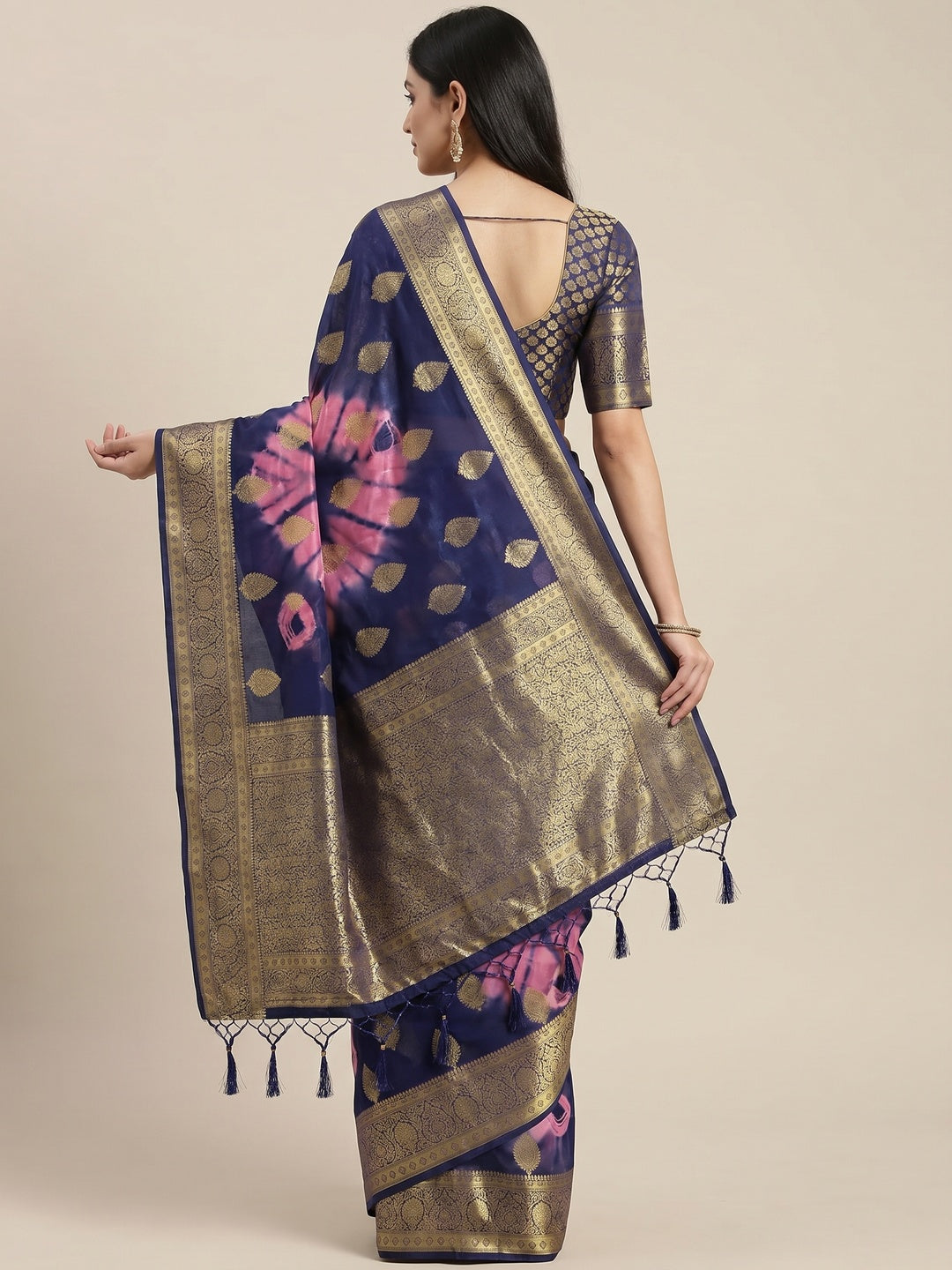 Navy Blue-Pink Woven Jacquard Saree With Tassels - Image 2