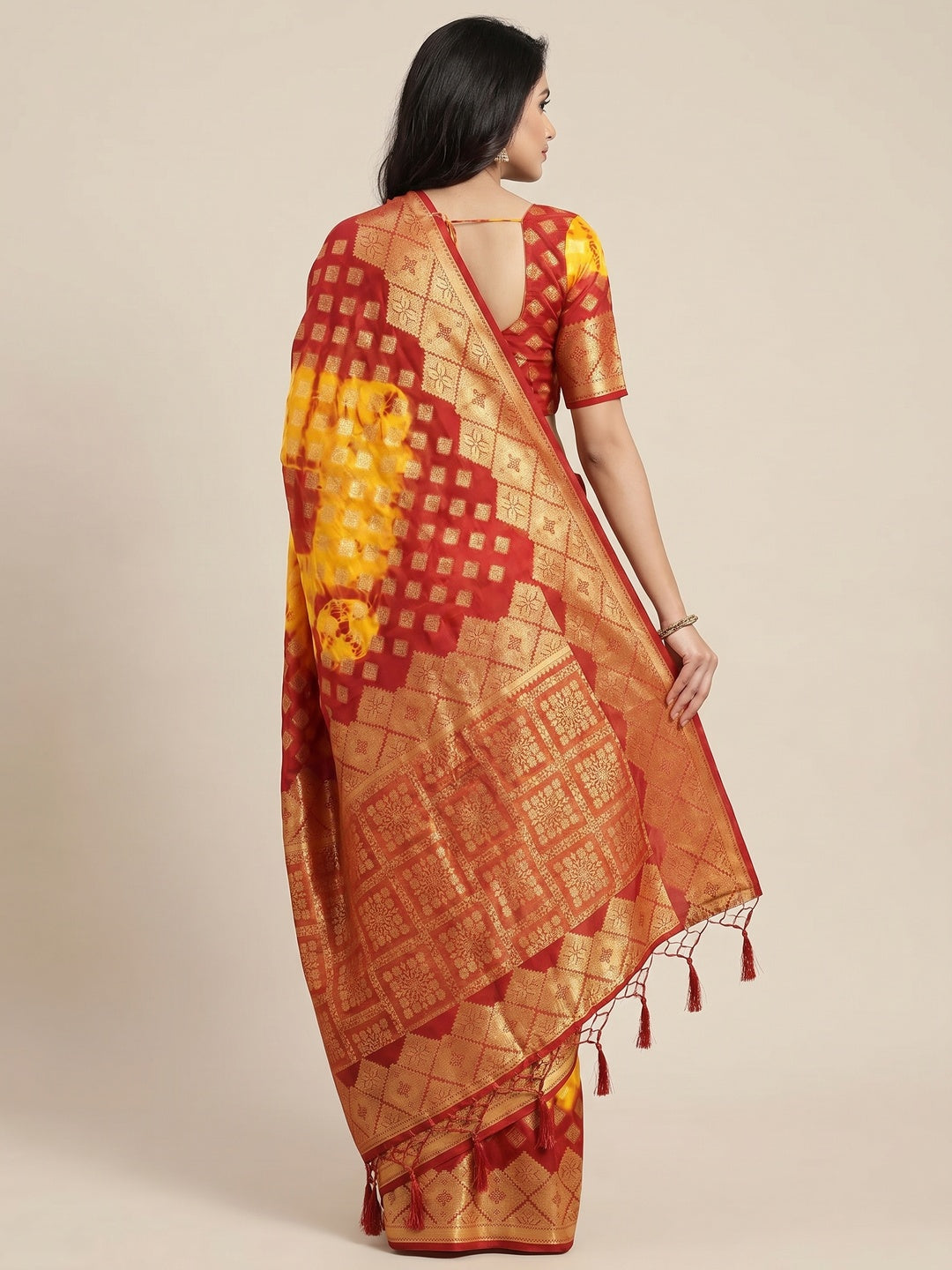 Red-Yellow Woven Jacquard Saree With Tassels - Image 2
