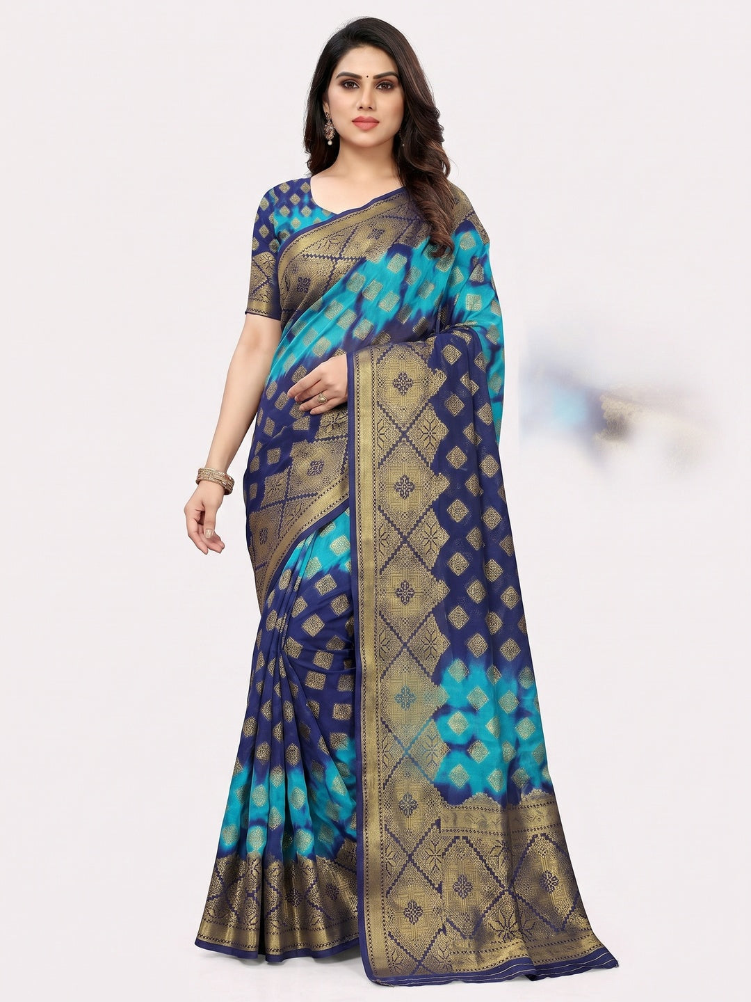 Blue Woven Jacquard Saree With Tassels - Image 1