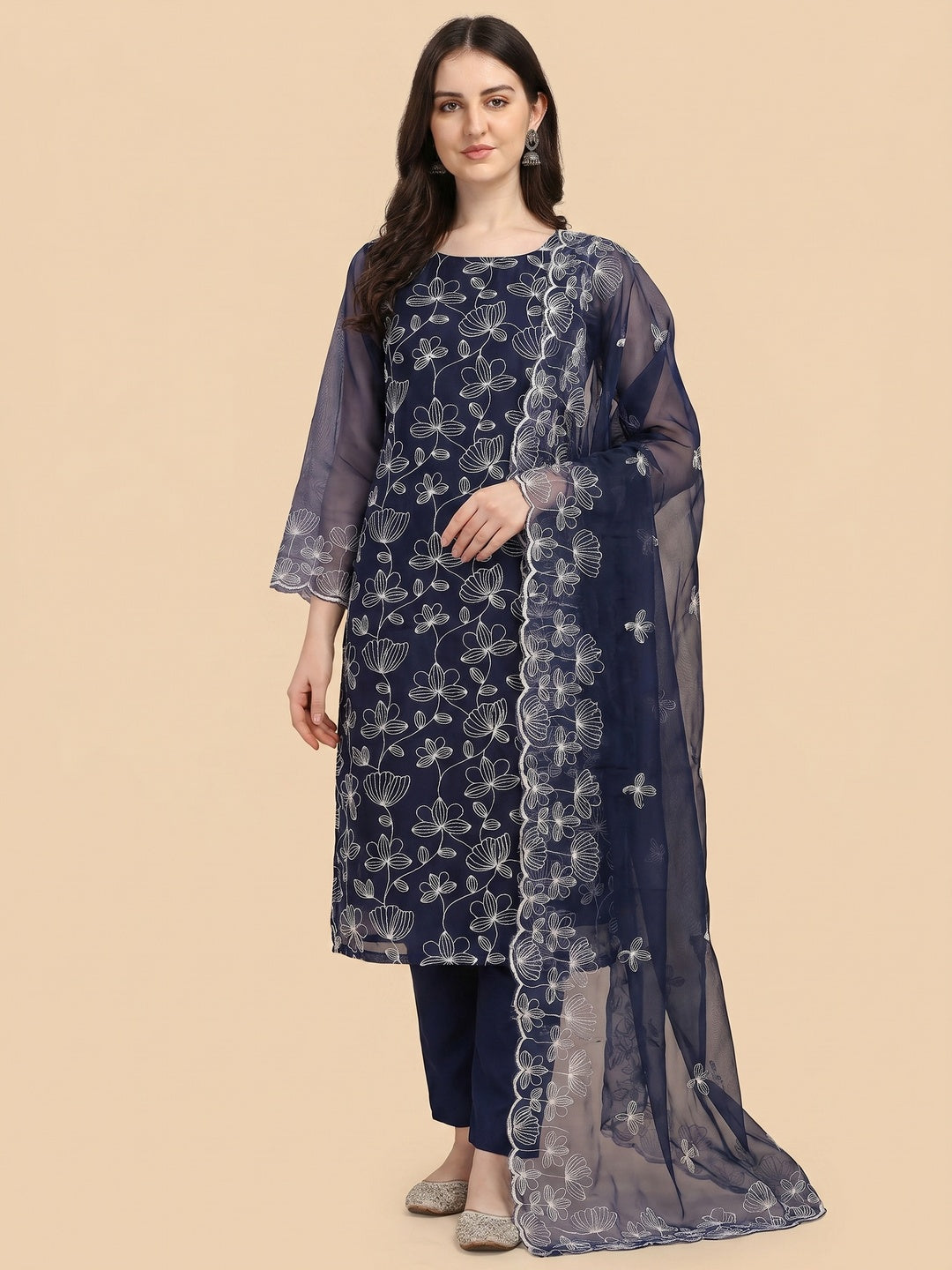 Navy Blue Floral Embroidered Organza Dress Material - Image 1