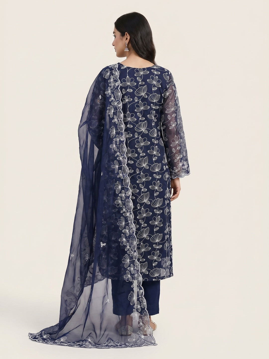Navy Blue Floral Embroidered Organza Dress Material - Image 2