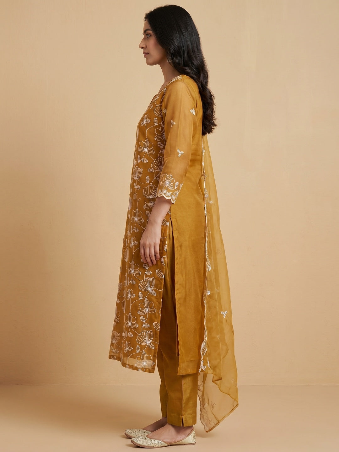 Mustard Floral Embroidered Organza Dress Material - Image 2