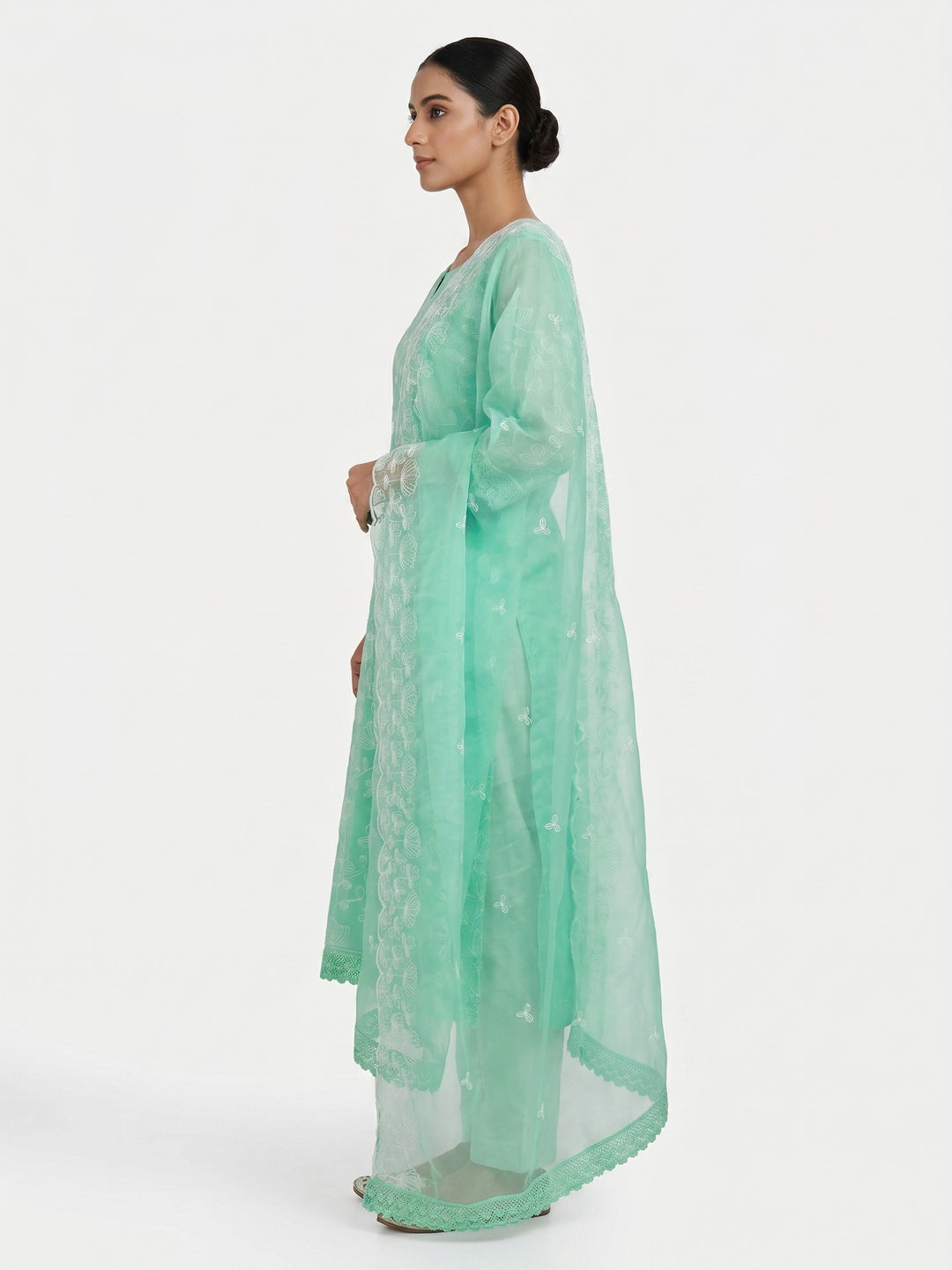 Rama Green Floral Embroidered Organza Dress Material - Image 2