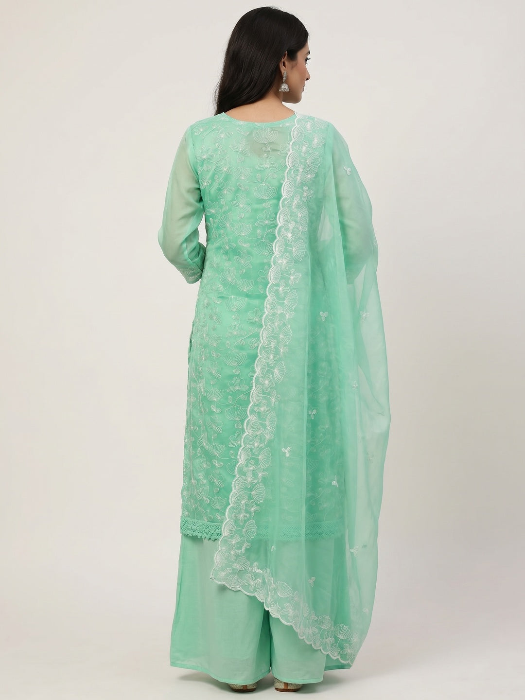 Rama Green Floral Embroidered Organza Dress Material - Image 3