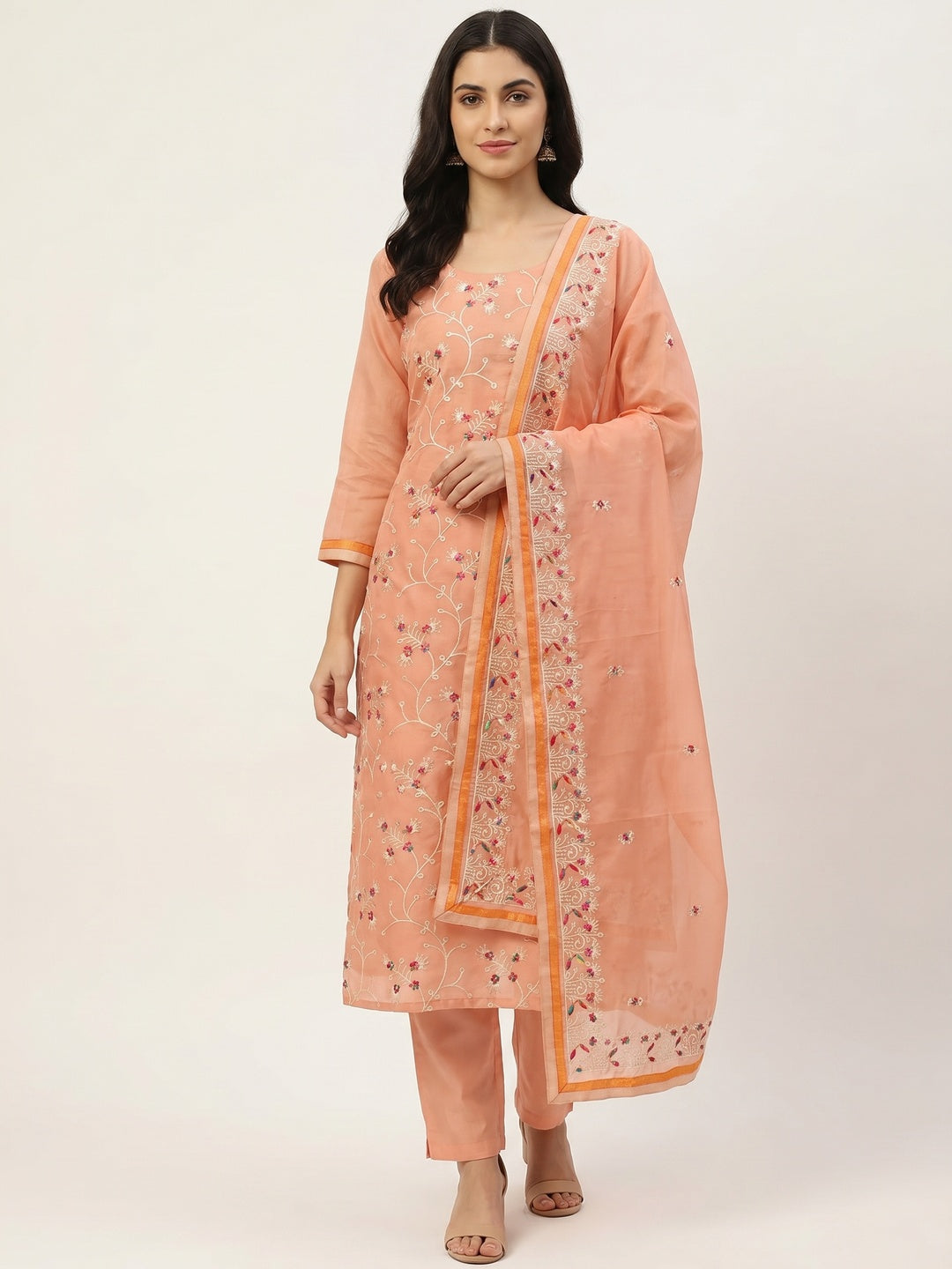 Peach Floral Embroidered Chanderi Dress Material - Image 1