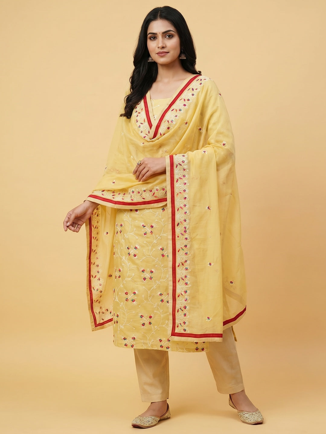 Yellow Floral Embroidered Chanderi Dress Material - Image 1