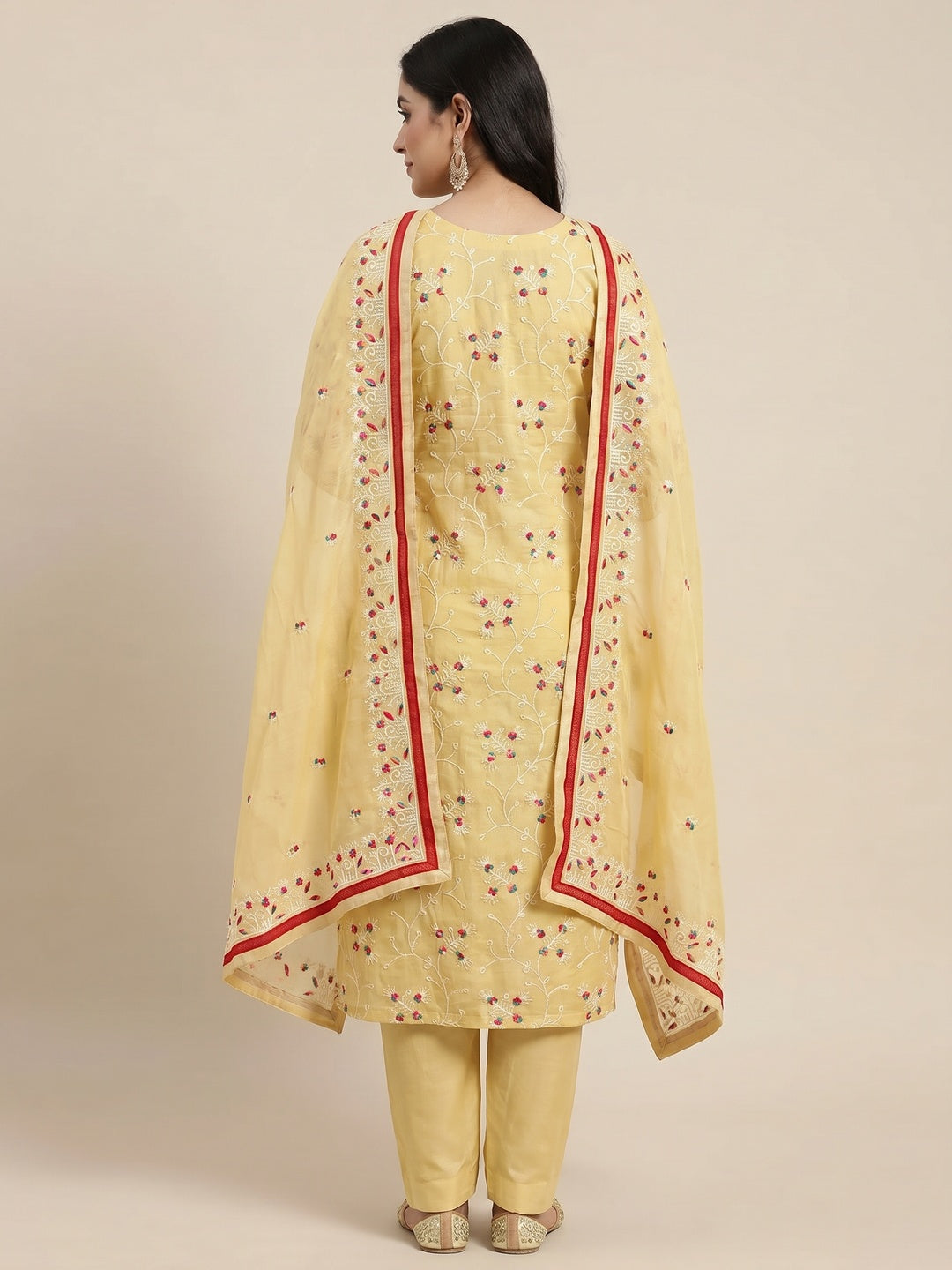 Yellow Floral Embroidered Chanderi Dress Material - Image 2