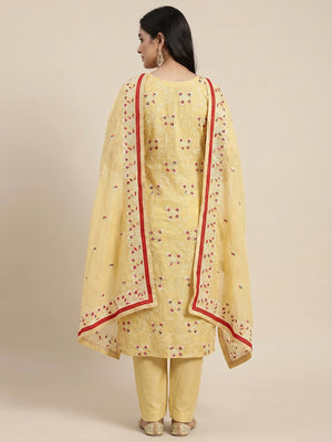 Yellow Floral Embroidered Chanderi Dress Material - Image 2